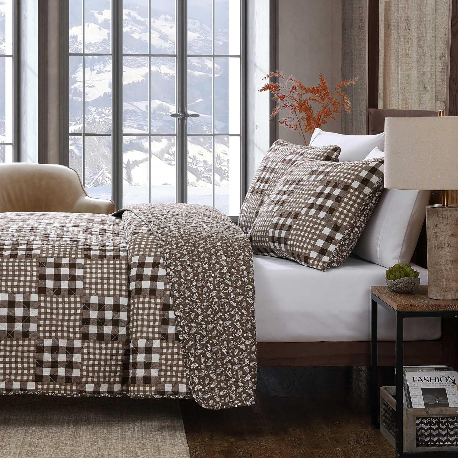 imageEddie Bauer Twin Quilt Set Reversible Bedding with Matching Sham MediumWeight for Year Round Use Dorm Essentials Classic Patchwork GreenGingham Patchwork Brown