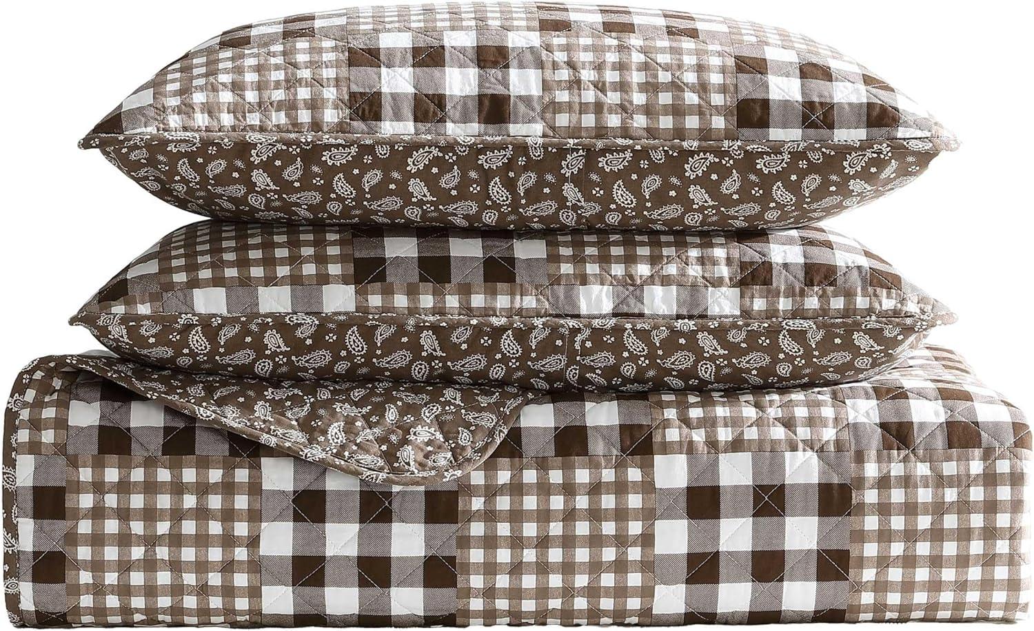 imageEddie Bauer Twin Quilt Set Reversible Bedding with Matching Sham MediumWeight for Year Round Use Dorm Essentials Classic Patchwork GreenGingham Patchwork Brown