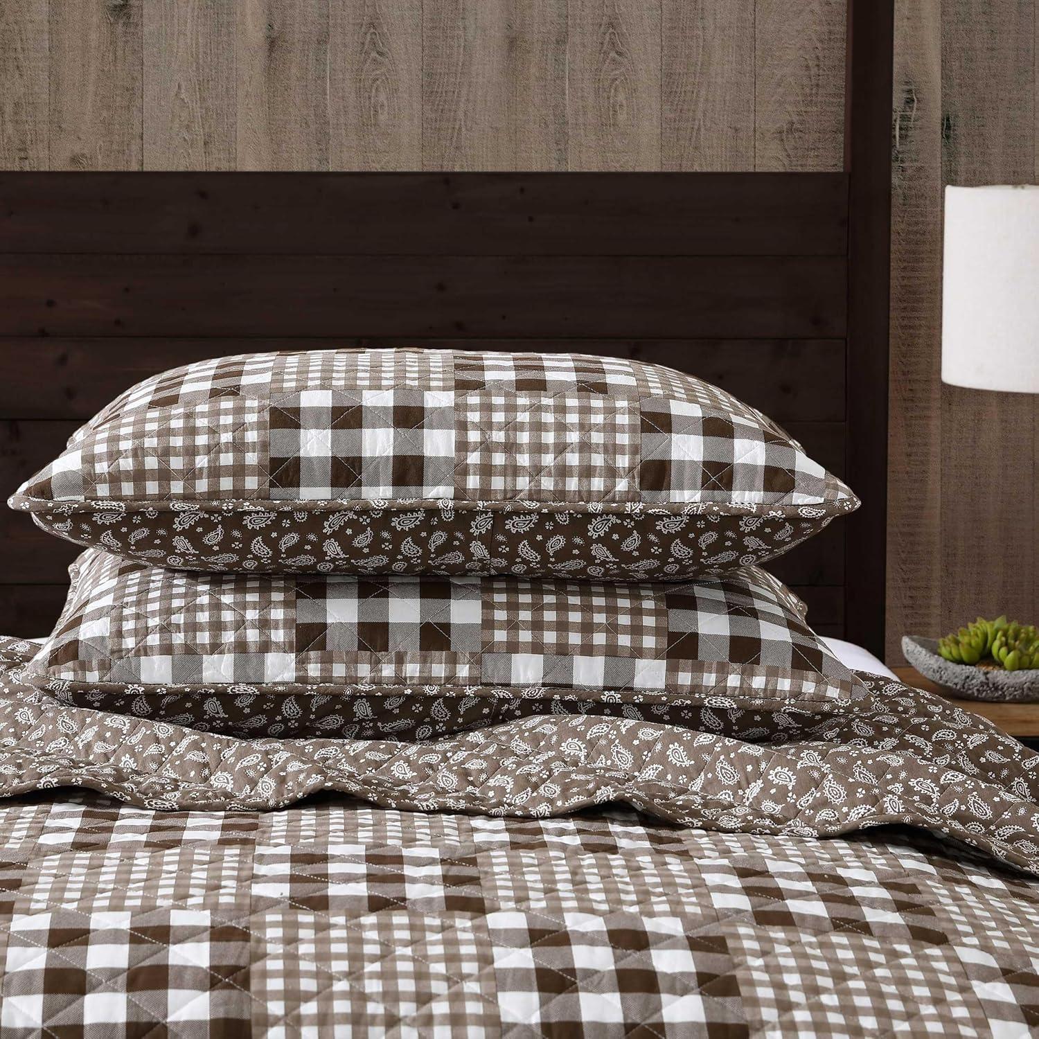 imageEddie Bauer Twin Quilt Set Reversible Bedding with Matching Sham MediumWeight for Year Round Use Dorm Essentials Classic Patchwork GreenGingham Patchwork Brown