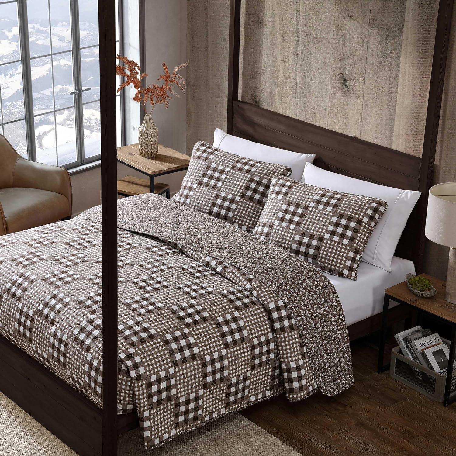 imageEddie Bauer Twin Quilt Set Reversible Bedding with Matching Sham MediumWeight for Year Round Use Dorm Essentials Classic Patchwork GreenGingham Patchwork Brown