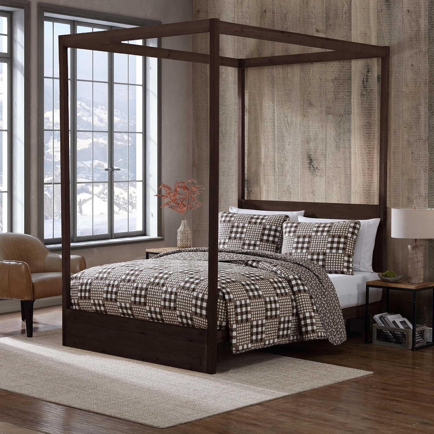 imageEddie Bauer Twin Quilt Set Reversible Bedding with Matching Sham MediumWeight for Year Round Use Dorm Essentials Classic Patchwork GreenGingham Patchwork Brown