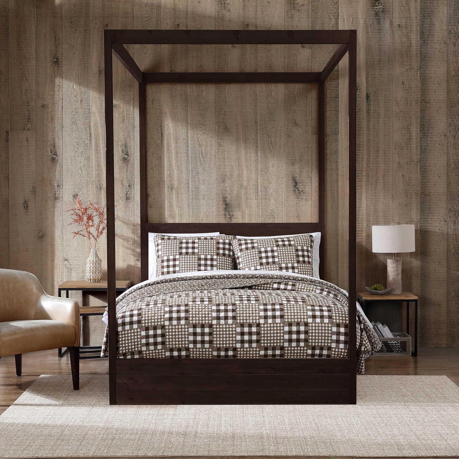 imageEddie Bauer Twin Quilt Set Reversible Bedding with Matching Sham MediumWeight for Year Round Use Dorm Essentials Classic Patchwork GreenGingham Patchwork Brown