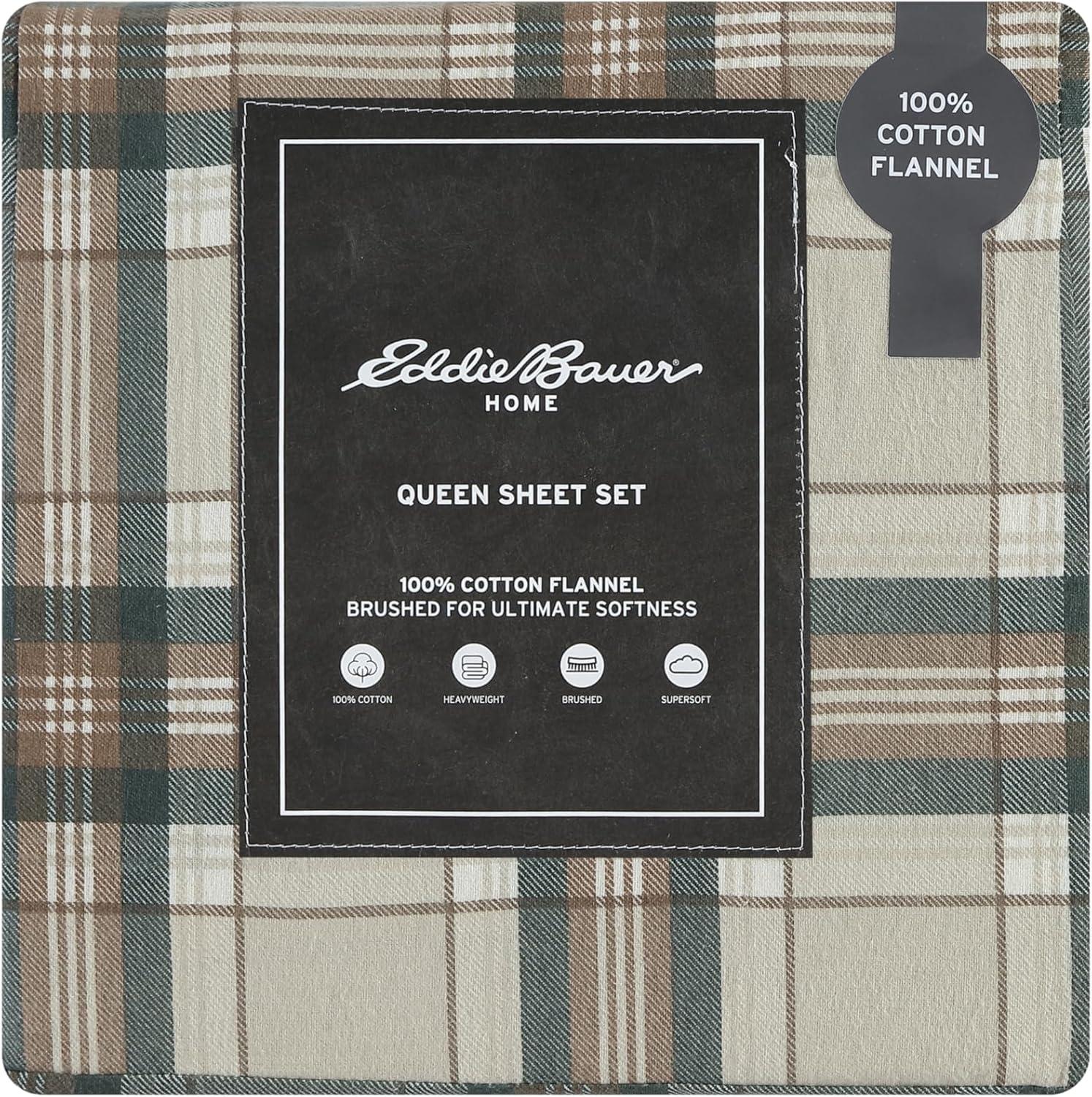 imageEddie Bauer Twin Sheets Cotton Flannel Bedding Set Brushed For Extra Softness Cozy Home Decor Montlake Plaid TwinEdgewood Plaid GreenBeige
