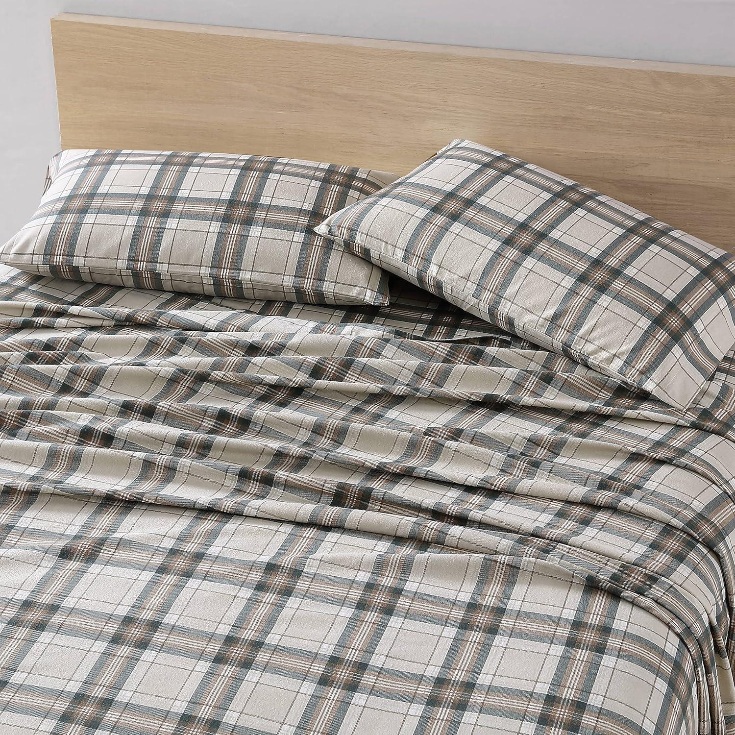 imageEddie Bauer Twin Sheets Cotton Flannel Bedding Set Brushed For Extra Softness Cozy Home Decor Montlake Plaid TwinEdgewood Plaid GreenBeige