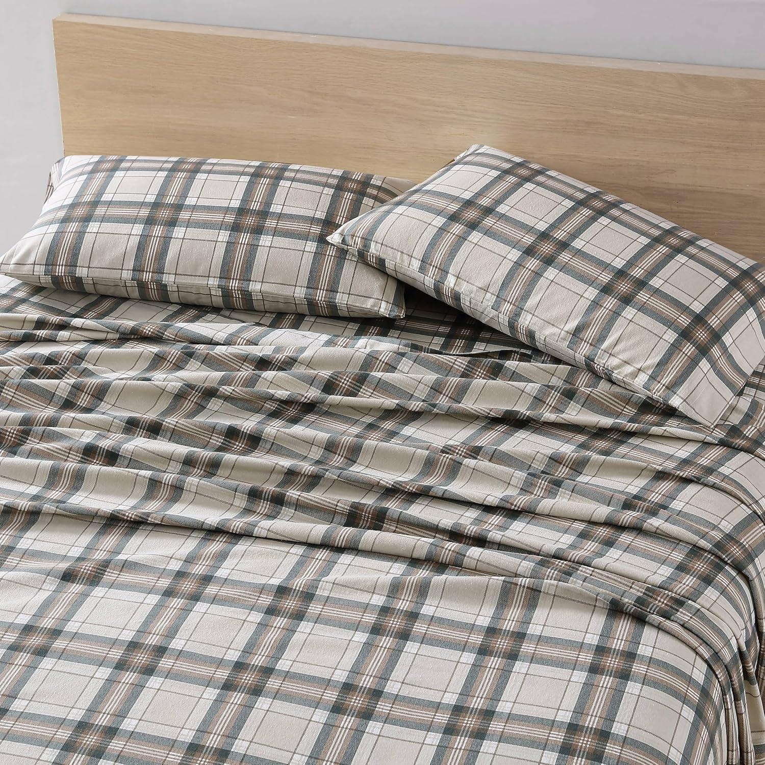 imageEddie Bauer Twin Sheets Cotton Flannel Bedding Set Brushed For Extra Softness Cozy Home Decor Montlake Plaid TwinEdgewood Plaid GreenBeige