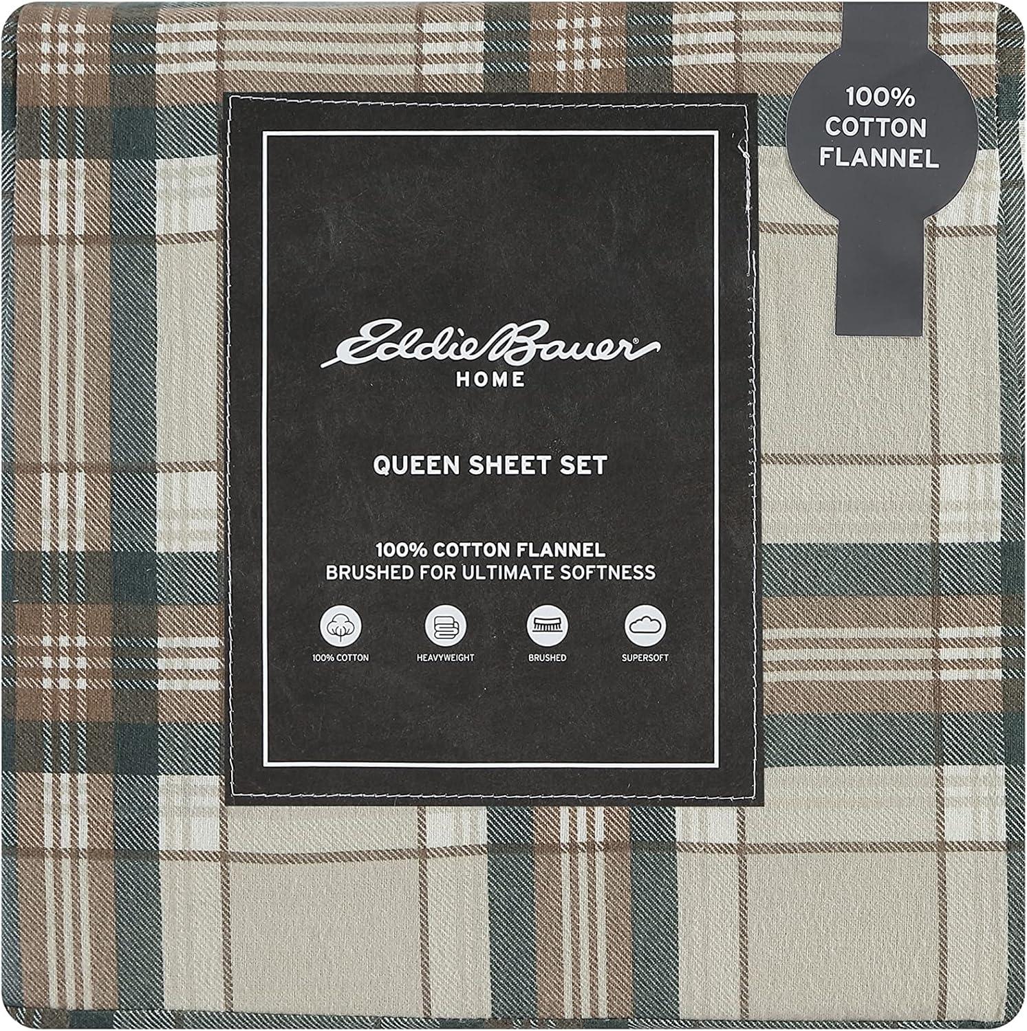 imageEddie Bauer Twin Sheets Cotton Flannel Bedding Set Brushed For Extra Softness Cozy Home Decor Montlake Plaid TwinEdgewood Plaid GreenBeige