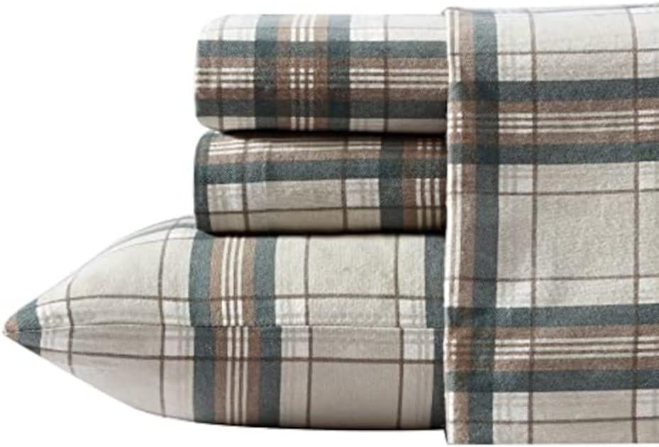 imageEddie Bauer Twin Sheets Cotton Flannel Bedding Set Brushed For Extra Softness Cozy Home Decor Montlake Plaid TwinEdgewood Plaid GreenBeige