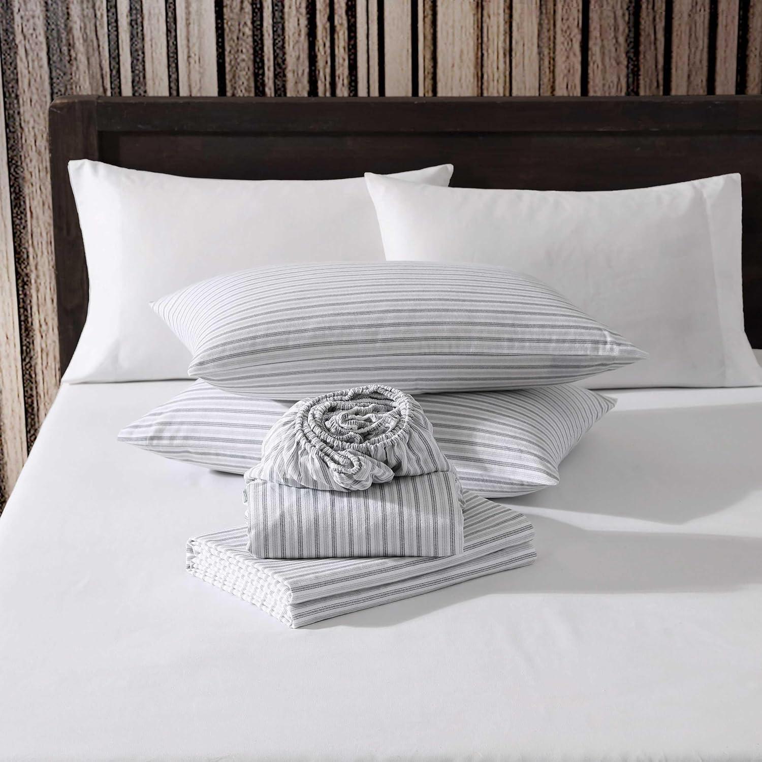 imageEddie Bauer Twin Sheets Cotton Flannel Bedding Set Brushed For Extra Softness Cozy Home Decor Montlake Plaid TwinTicking Stripe Grey