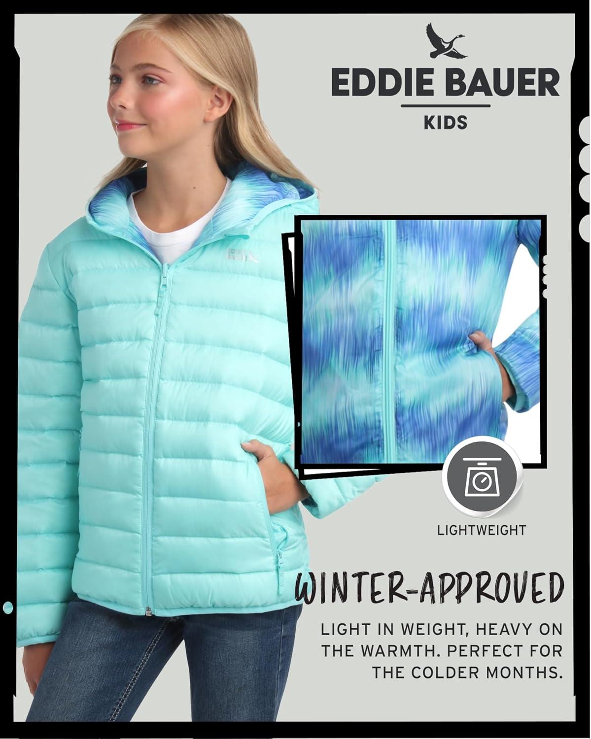 imageEddie Bauer Girls Jacket CirrusLite Weather Resistant Down Coat for Girls Insulated Quilted Bubble Puffer 320Aruba Blue Reversible
