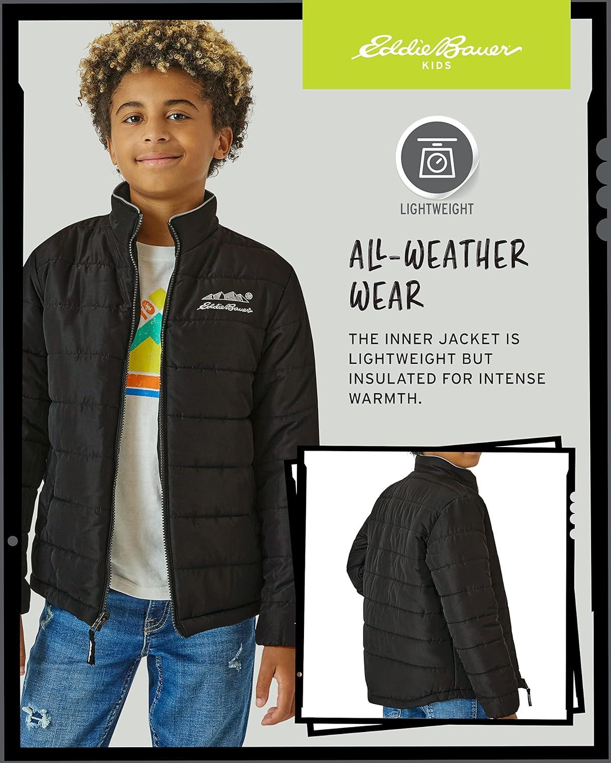 imageEddie Bauer Kids Ski Jacket Waterproof 3 in 1 Insulated Coat with Removable Shell Jacket for Boys and Girls 316Black