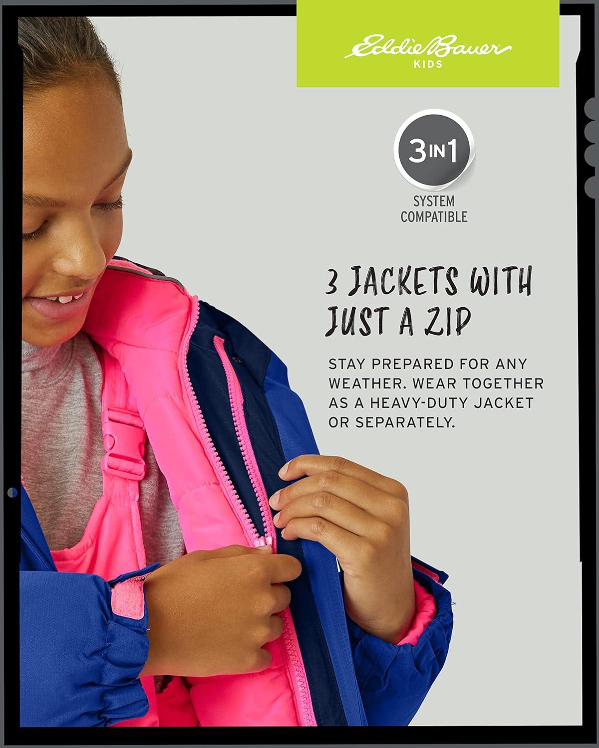 imageEddie Bauer Kids Ski Jacket Waterproof 3 in 1 Insulated Coat with Removable Shell Jacket for Boys and Girls 316Pop Pink