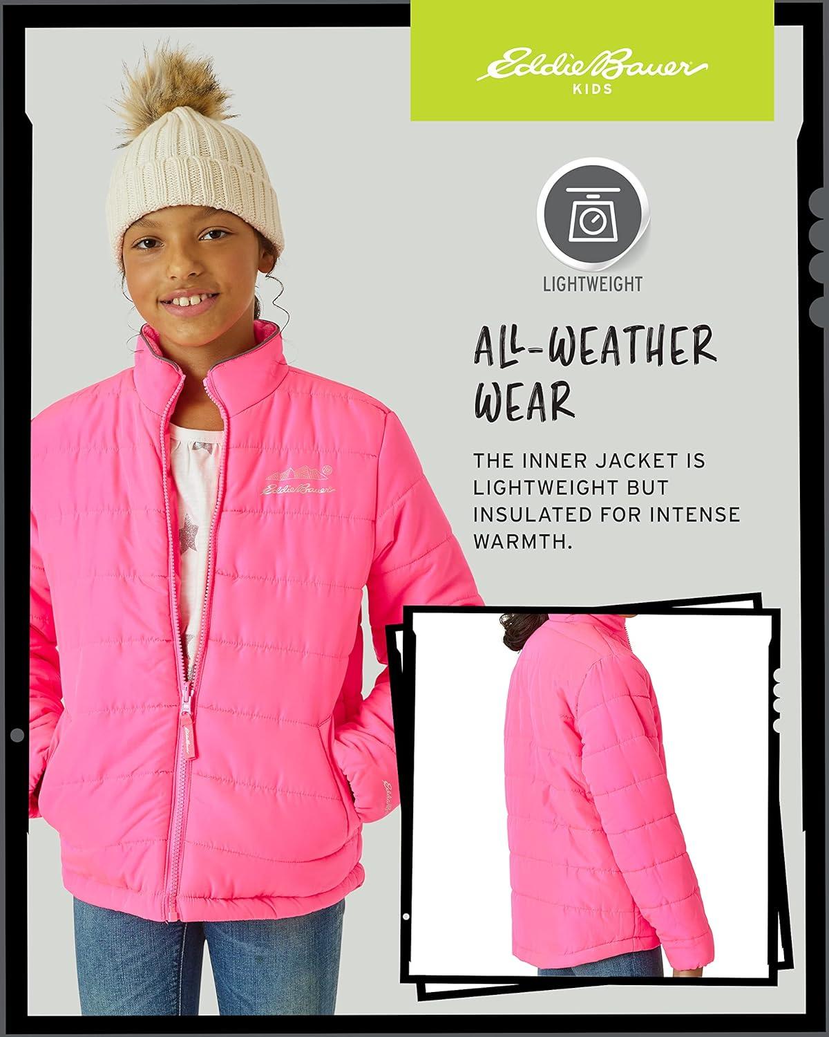 imageEddie Bauer Kids Ski Jacket Waterproof 3 in 1 Insulated Coat with Removable Shell Jacket for Boys and Girls 316Pop Pink