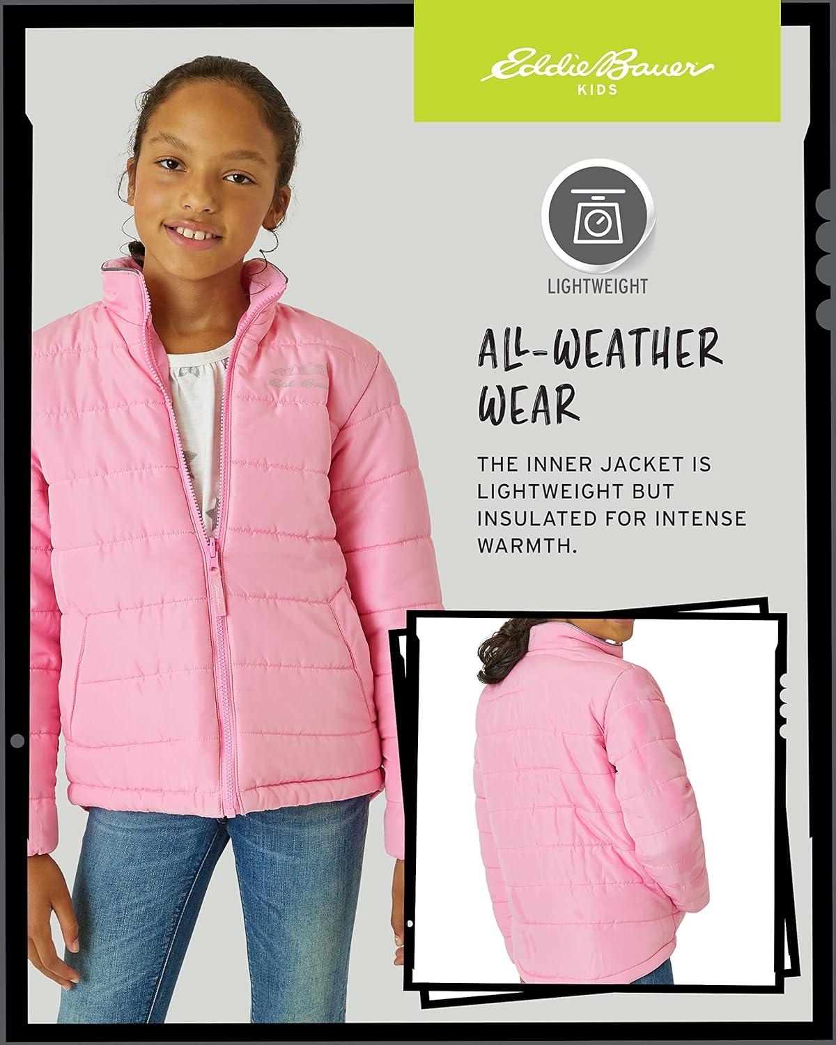 imageEddie Bauer Kids Ski Jacket Waterproof 3 in 1 Insulated Coat with Removable Shell Jacket for Boys and Girls 316Prism Pink