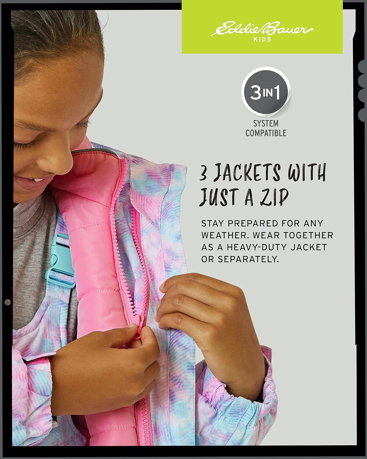 imageEddie Bauer Kids Ski Jacket Waterproof 3 in 1 Insulated Coat with Removable Shell Jacket for Boys and Girls 316Prism Pink