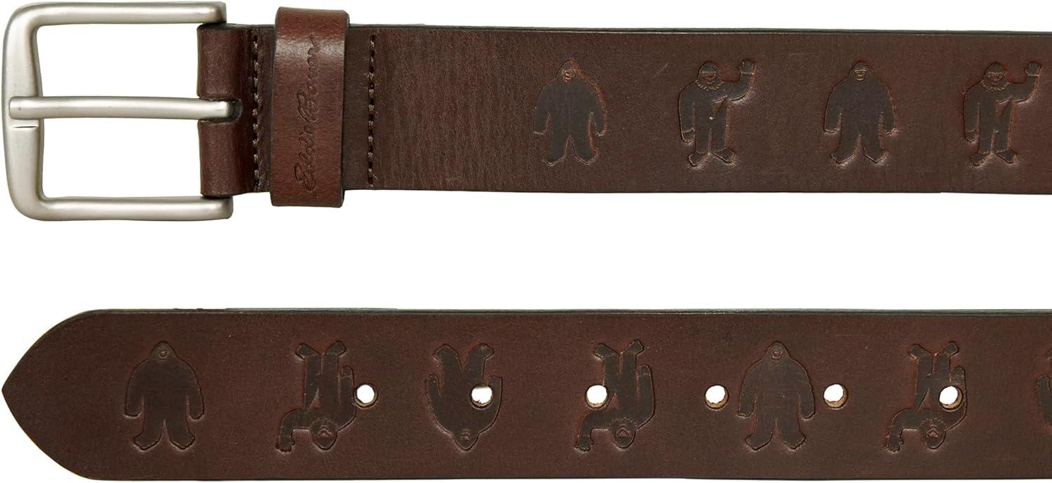imageEddie Bauer Mens Leather Belt Casual Everyday Jeans Trousers Chinos Metal BuckleEmbossed Sasquatch Brown