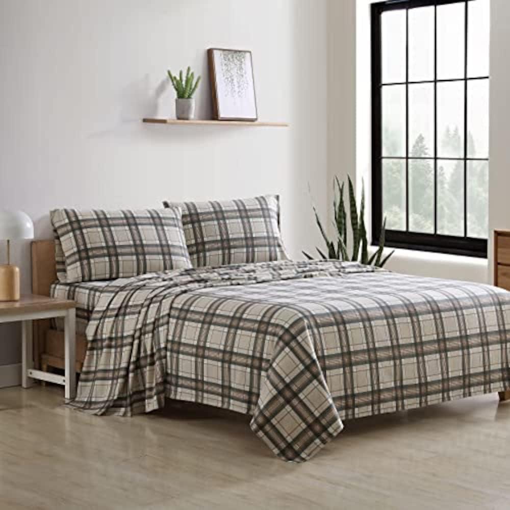 imageEddie Bauer Twin Sheets Cotton Flannel Bedding Set Brushed For Extra Softness Cozy Home Decor Montlake Plaid TwinEdgewood Plaid GreenBeige