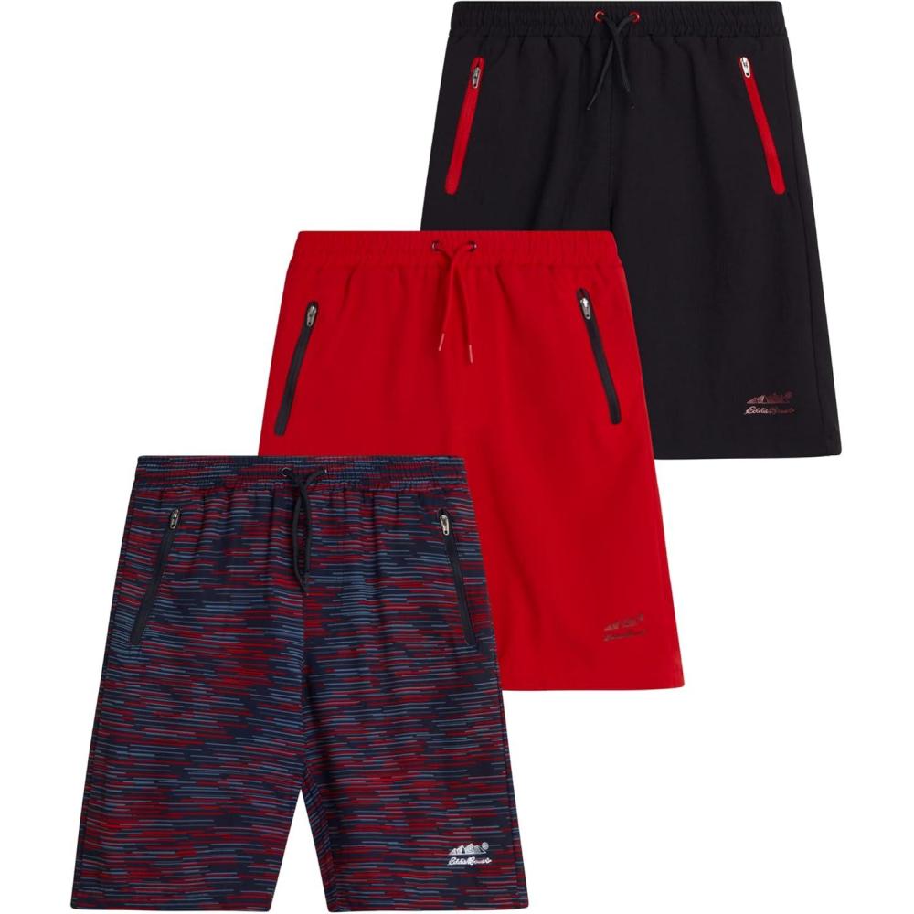 imageEddie Bauer Boys Active Shorts 3 Pack Quick Dry Athletic Shorts Hybrid Mesh Performance Shorts for Boys 416BlackBlack RedRed