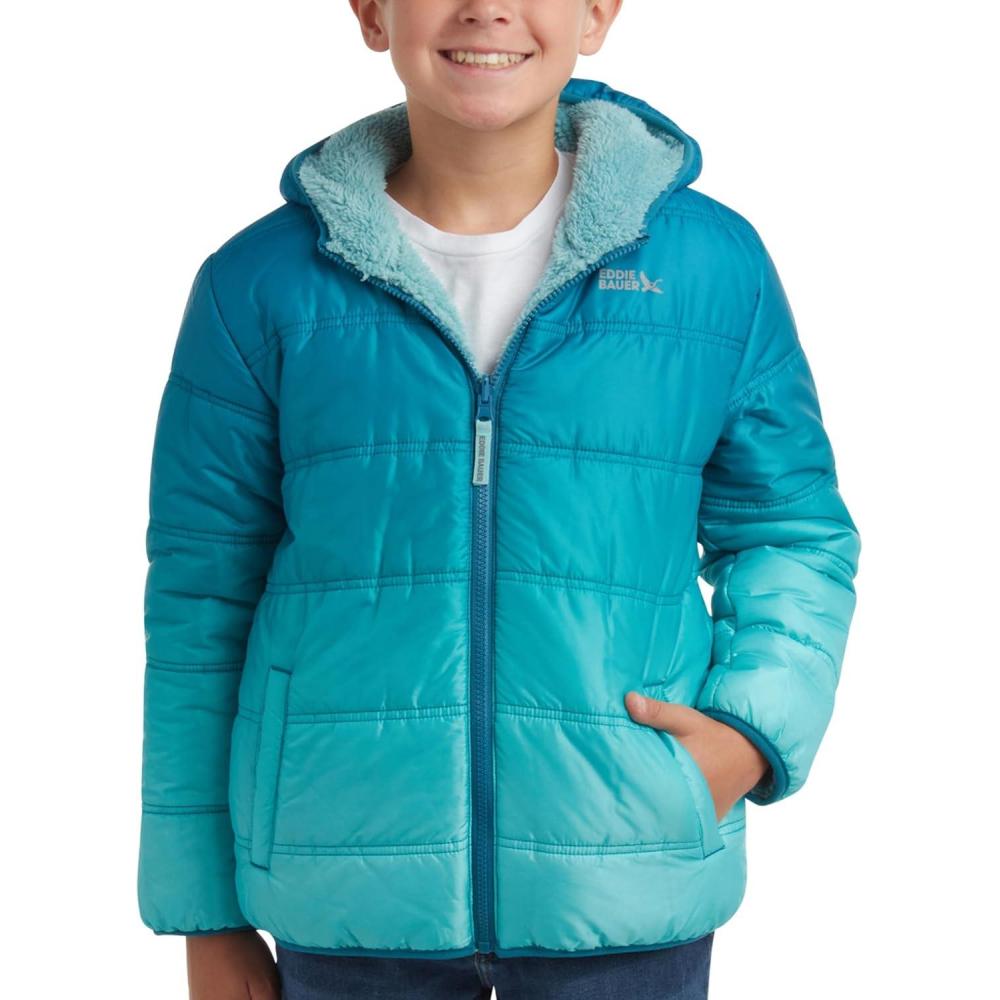 imageEddie Bauer Boys Reversible Jacket  Waterproof Lightweight Fleece Lined Hooded Puffer Coat  Boys Outerwear Jacket 520Marine Blue