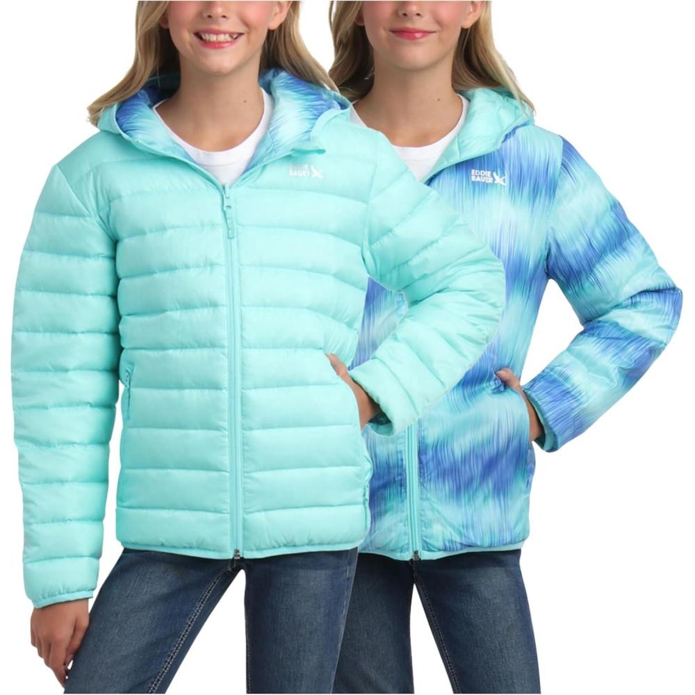 imageEddie Bauer Girls Jacket CirrusLite Weather Resistant Down Coat for Girls Insulated Quilted Bubble Puffer 320Aruba Blue Reversible