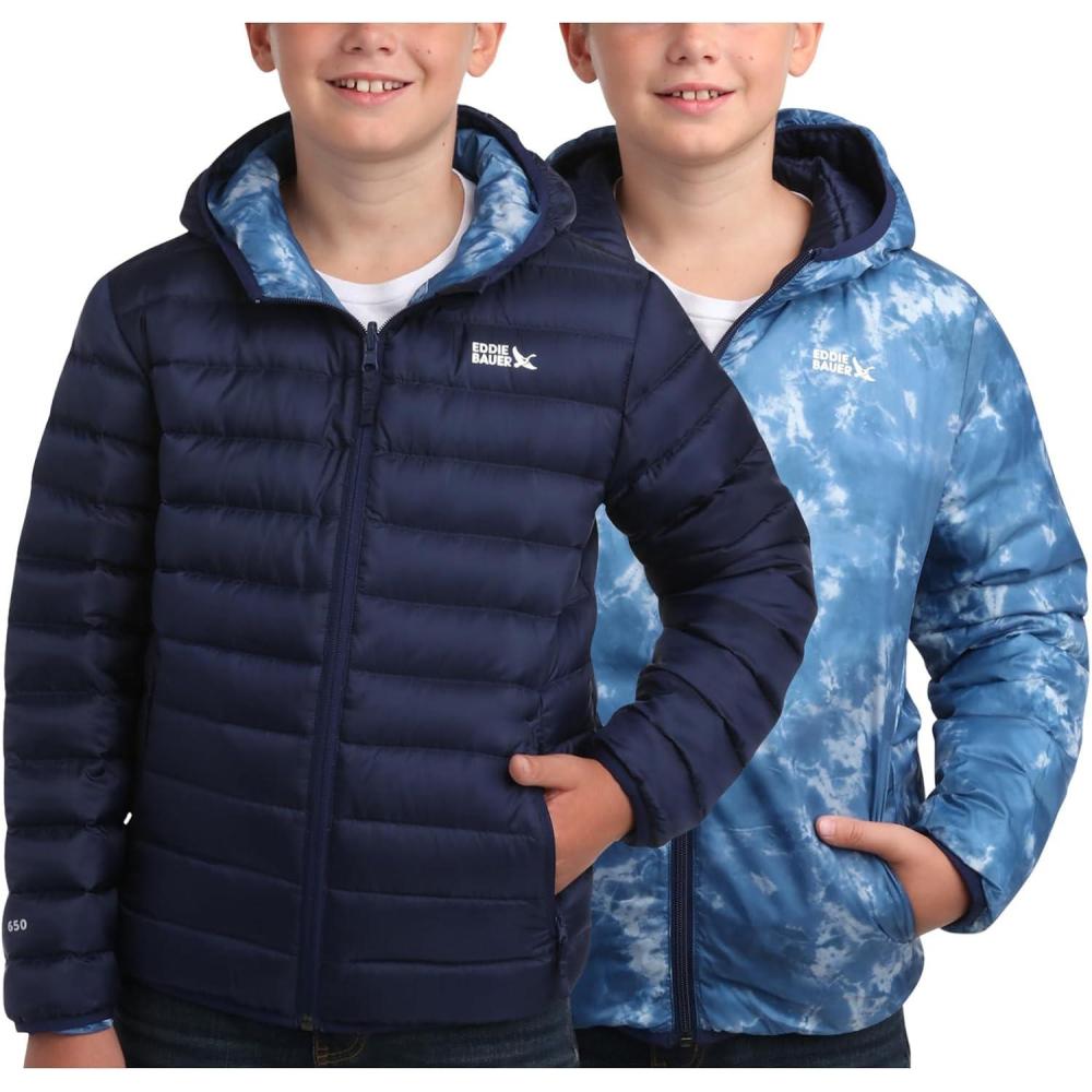 imageEddie Bauer Kids Reversible Jacket  Weather Resistant Quilted Down Coat for Boys and Girls 320NavySky