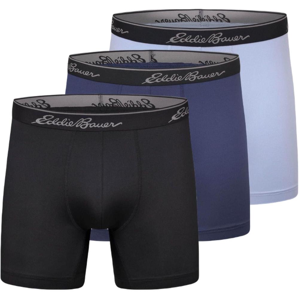 imageEddie Bauer Mens 5quot No Fly Performance Boxer Brief Underwear 3 Pack Or 4 PackBrushed BlackDusty IndigoBlue Smoke