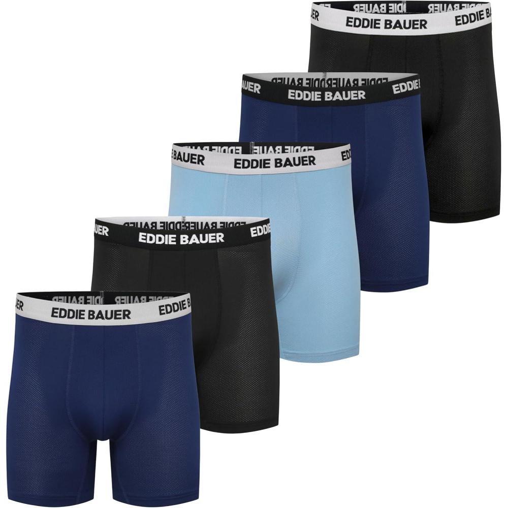 imageEddie Bauer mens Microfiber Mesh Boxer Brief With Contoured Pouch 5 PackPatrol BlueBlackLt ChambrayPatriot BlueBlack