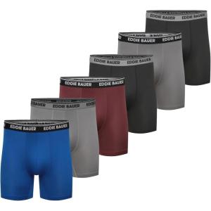 Eddie Bauer mens Jersey Boxer Brief With Contoured Pouch 6 Pack(Sapphire/Ash Grey/Dusty Red/Black/Ash Grey/Black)