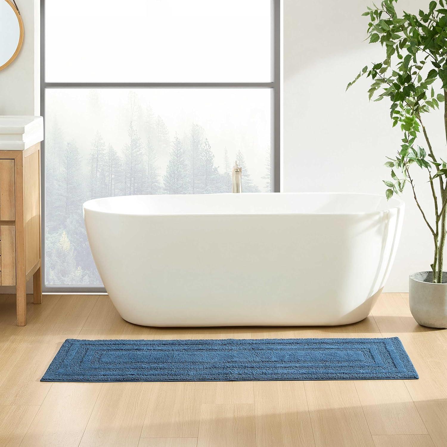 imageEddie Bauer Bathroom Rug 100 Soft Plush Tufted Cotton Runner Rug Highly Absorbent QuickDry and SkidResistant Backing Logan White 22quot x 60quotIndigo Blue
