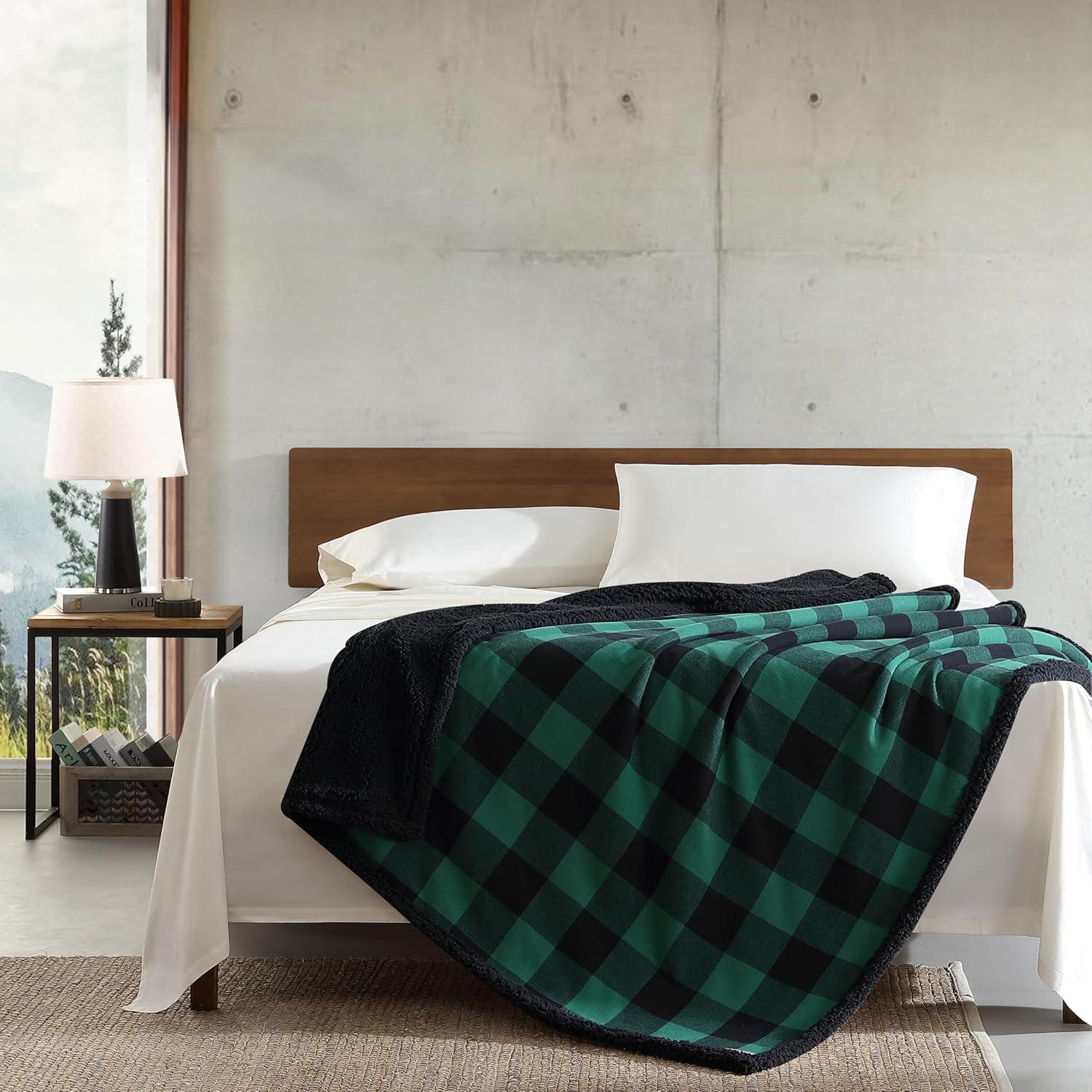 imageEddie Bauer Blanket Super Soft Reversible Sherpa ampamp Brushed Fleece Bedding Throw Blankets for Couch Ideal for Lounging Cabin Plaid BlackCabin Plaid Green