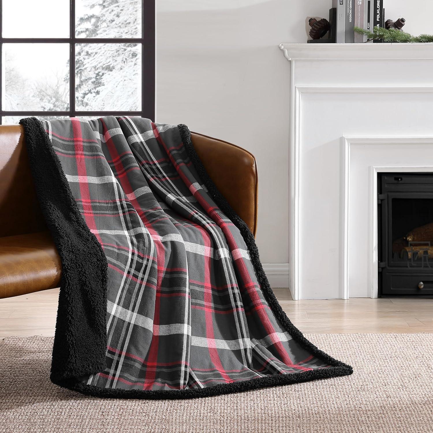 imageEddie Bauer Blanket Super Soft Reversible Sherpa ampamp Brushed Fleece Bedding Throw Blankets for Couch Ideal for Lounging Mountain Tartan RedWinslow CharcoalRed
