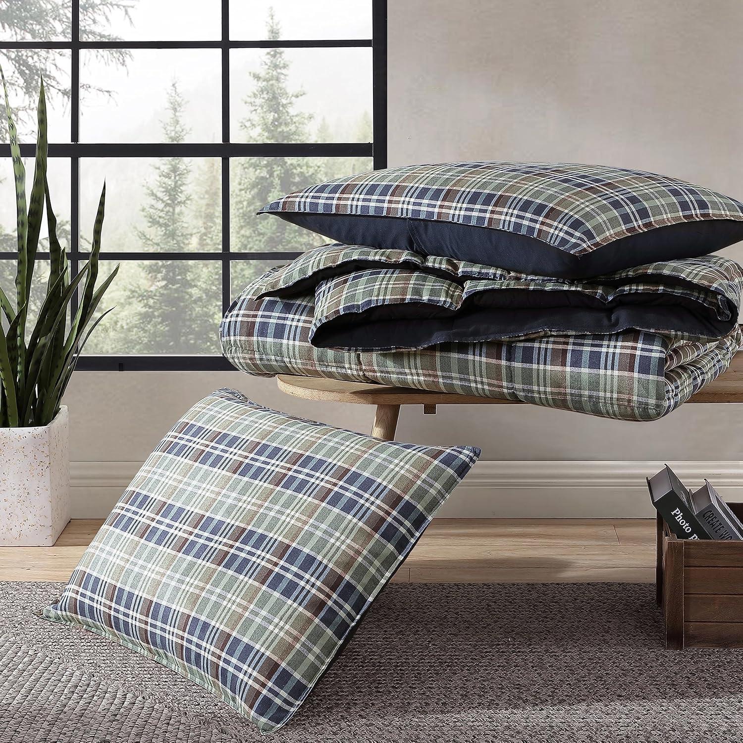 imageEddie Bauer King Comforter Set Reversible Cotton Bedding with Matching Shams Cozy Home Decor for Colder Months OekoTex Certified Preston Grey KingRugged Plaid Navy