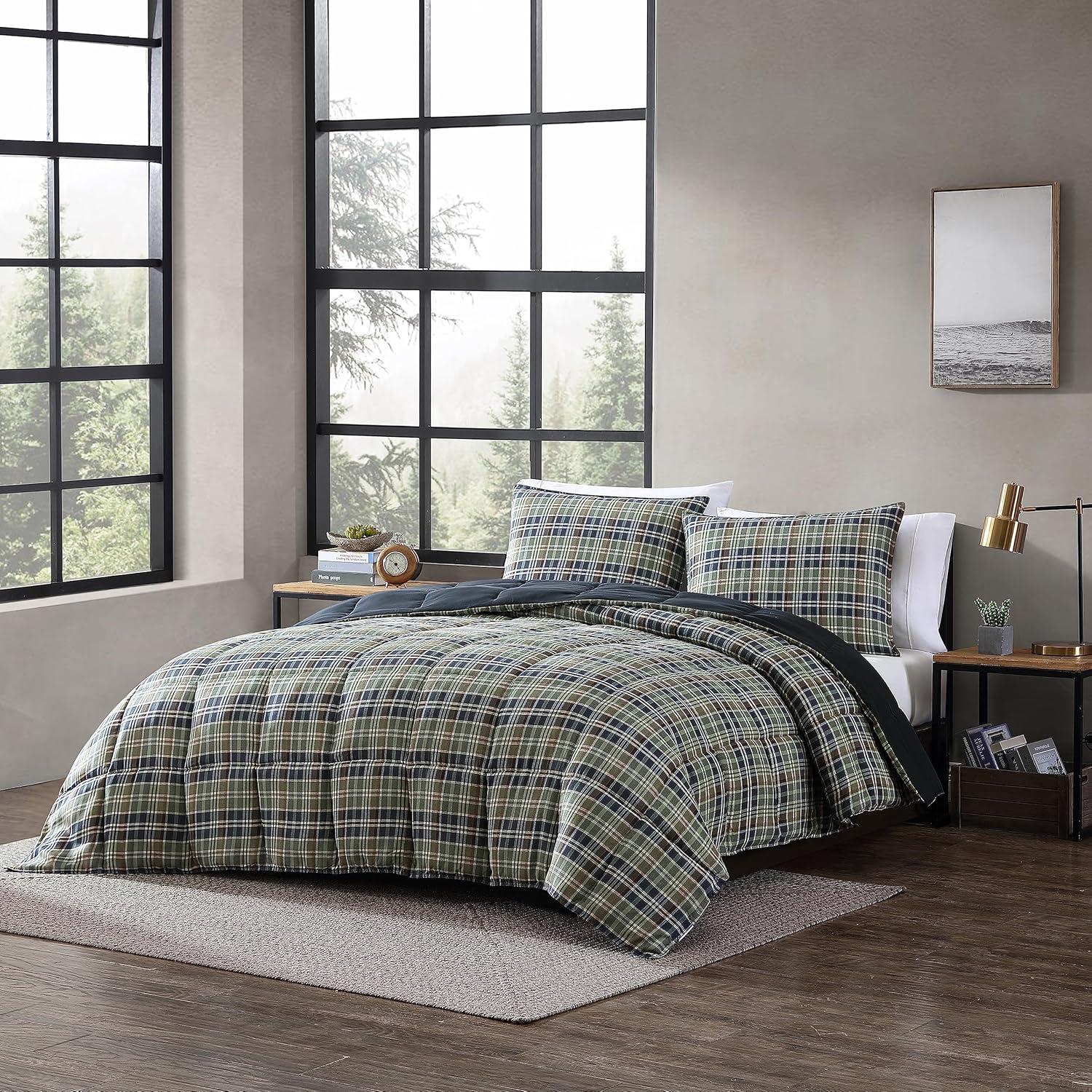 imageEddie Bauer King Comforter Set Reversible Cotton Bedding with Matching Shams Cozy Home Decor for Colder Months OekoTex Certified Preston Grey KingRugged Plaid Navy