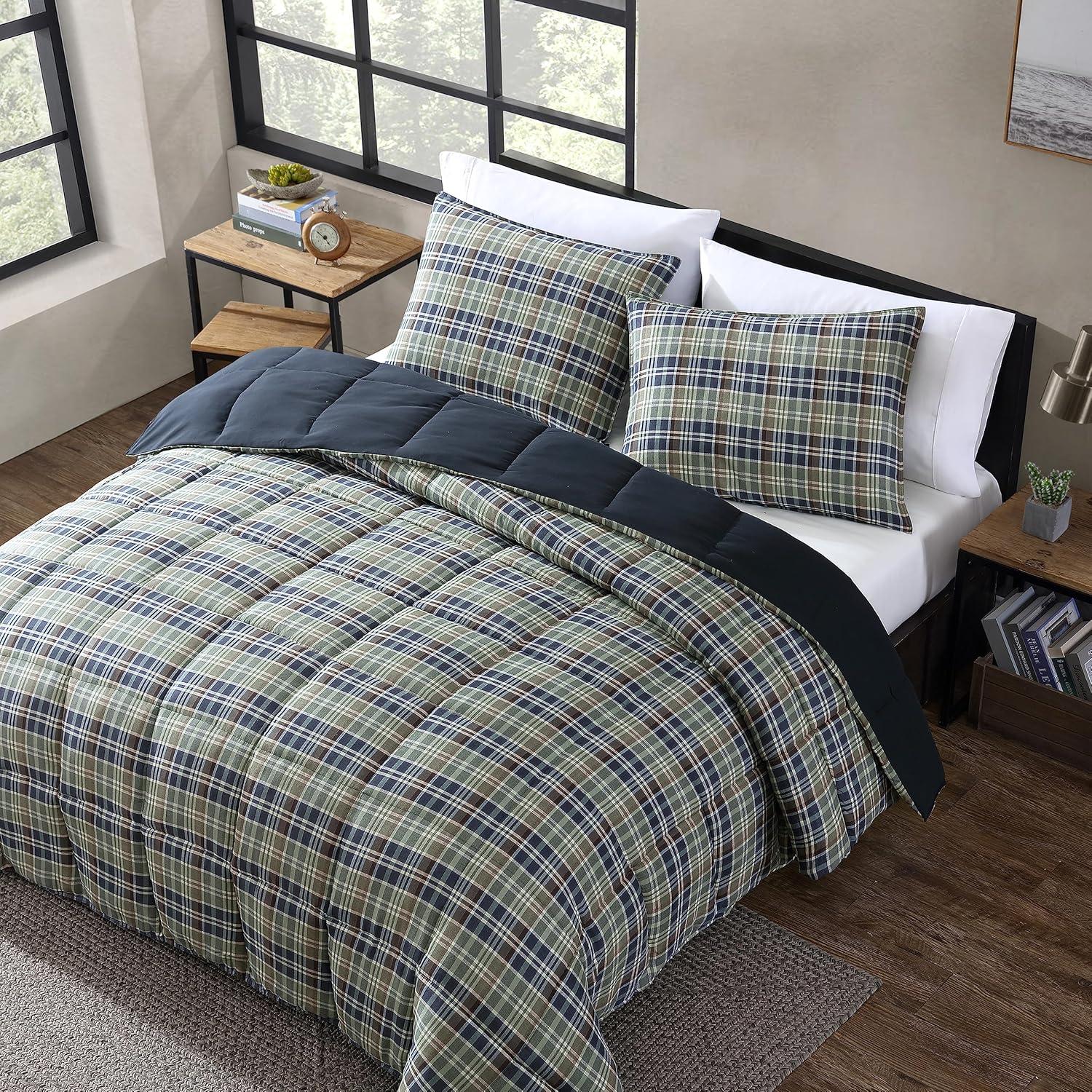 imageEddie Bauer King Comforter Set Reversible Cotton Bedding with Matching Shams Cozy Home Decor for Colder Months OekoTex Certified Preston Grey KingRugged Plaid Navy