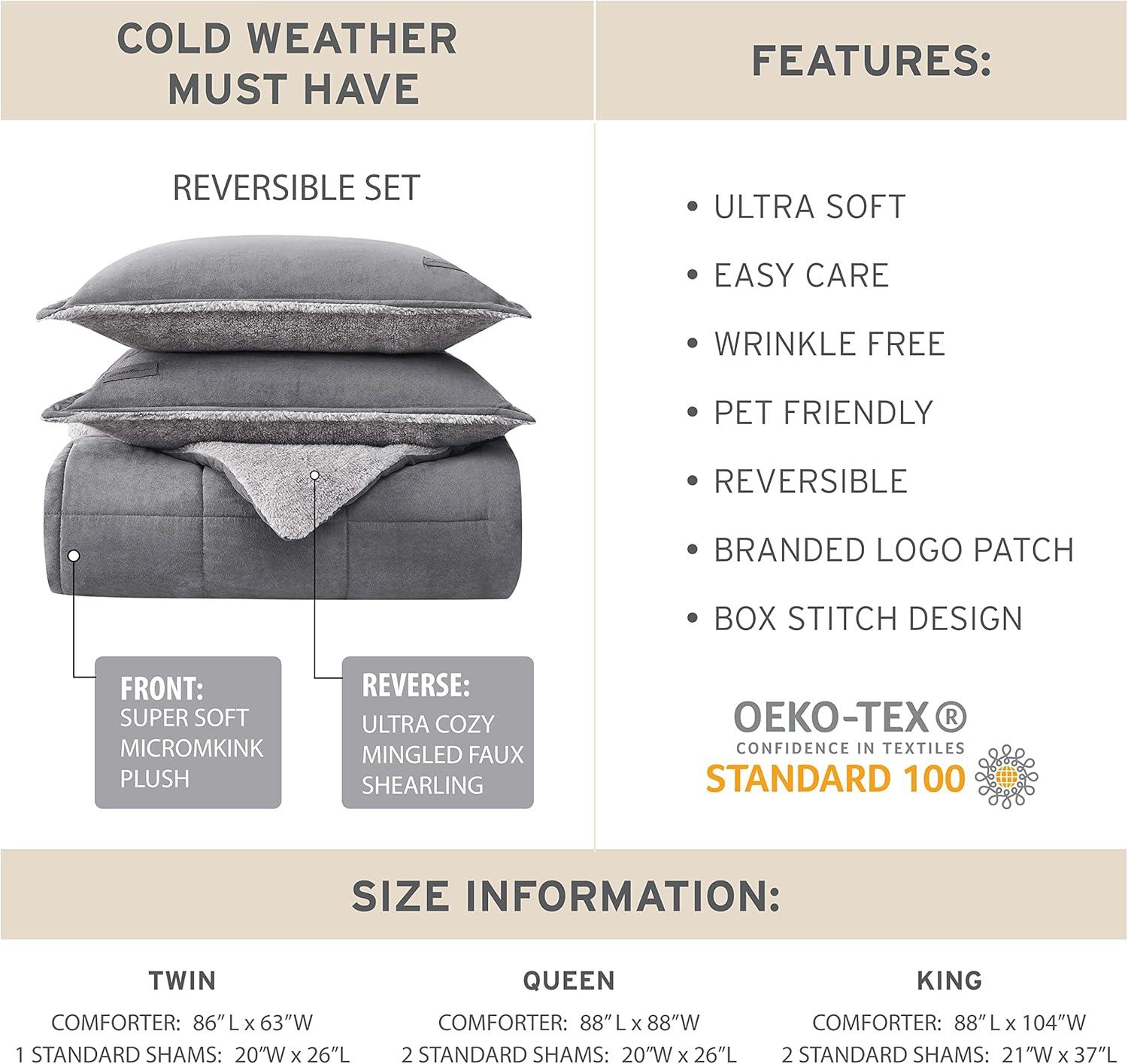 imageEddie Bauer Queen Comforter Set Reversible Sherpa Bedding with Matching Shams Cozy ampamp Warm Home Decor 88 x 88 x 1 inches Sherwood Grey QueenSherwood Red