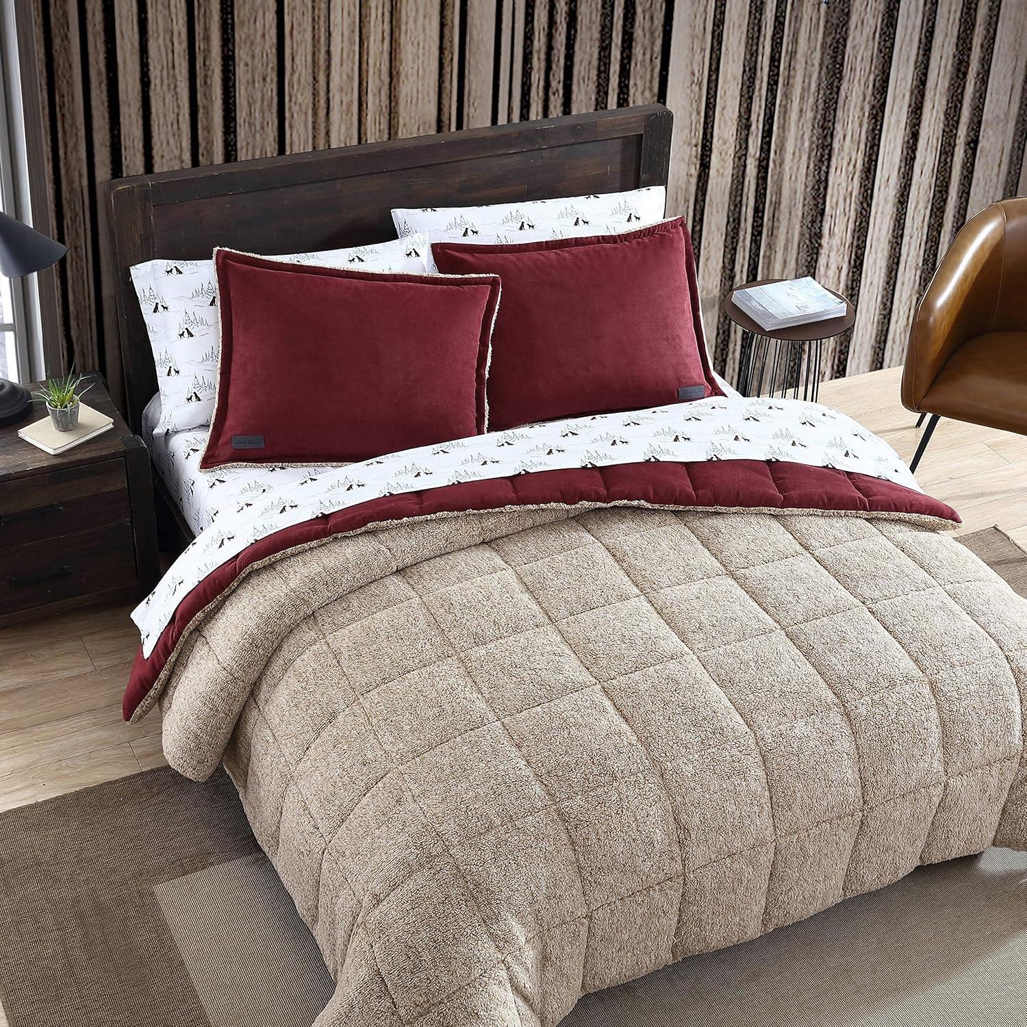 imageEddie Bauer Queen Comforter Set Reversible Sherpa Bedding with Matching Shams Cozy ampamp Warm Home Decor 88 x 88 x 1 inches Sherwood Grey QueenSherwood Red