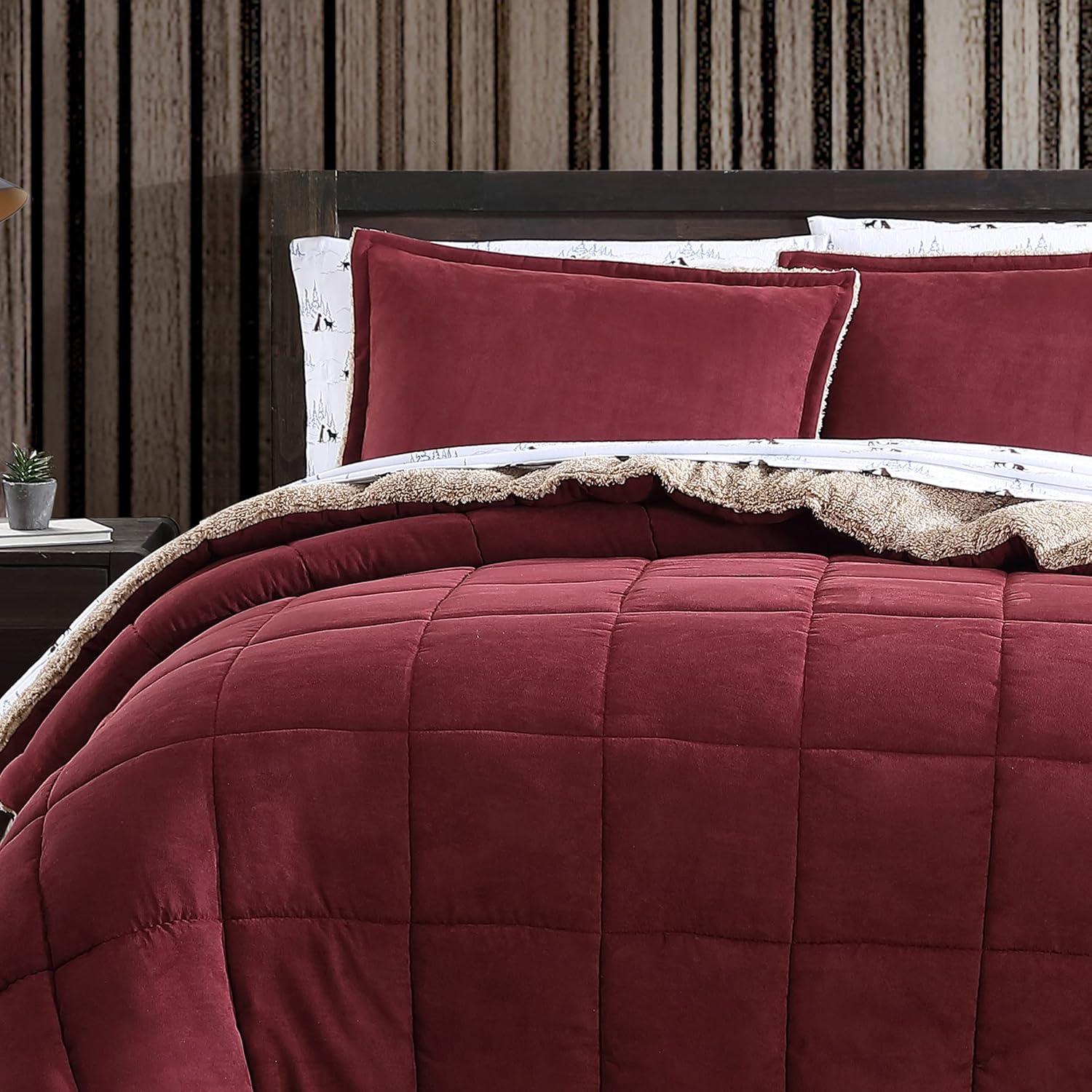 imageEddie Bauer Queen Comforter Set Reversible Sherpa Bedding with Matching Shams Cozy ampamp Warm Home Decor 88 x 88 x 1 inches Sherwood Grey QueenSherwood Red