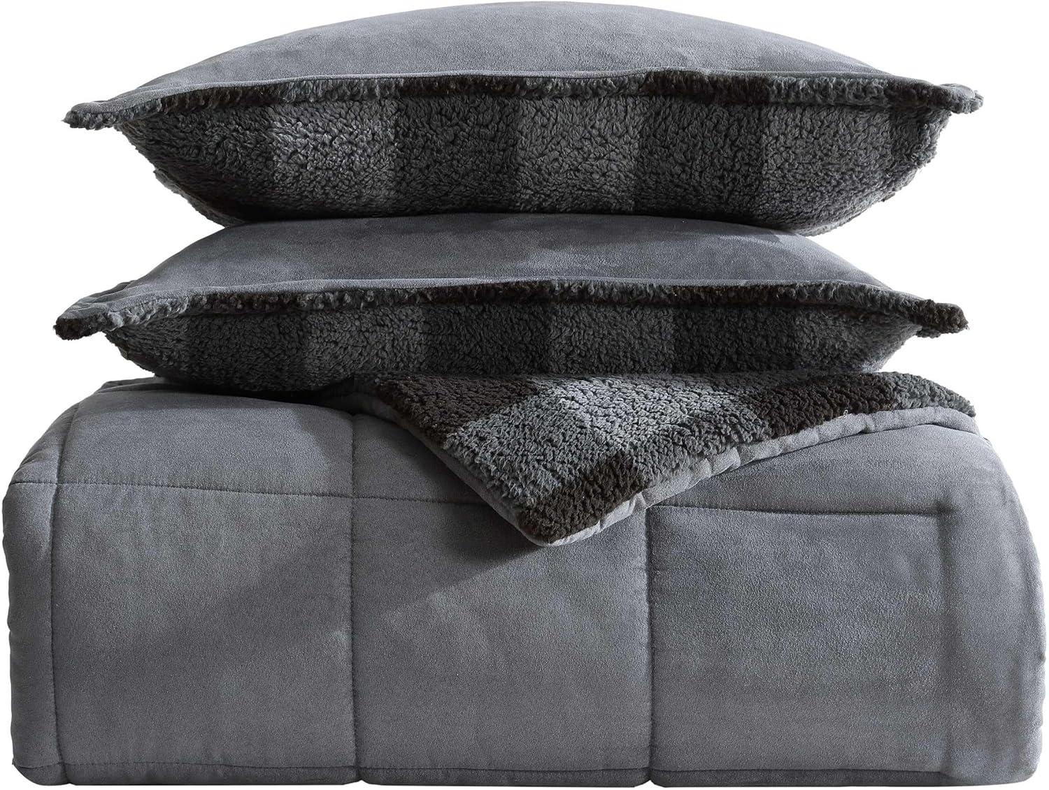 imageEddie Bauer Twin Comforter Set Microsuede Bedding with Soft Plush Faux Shearling Reverse 2 Piece Bed Set with Matching Pillowcase Big Lake Plaid GreenCabin Plaid Grey