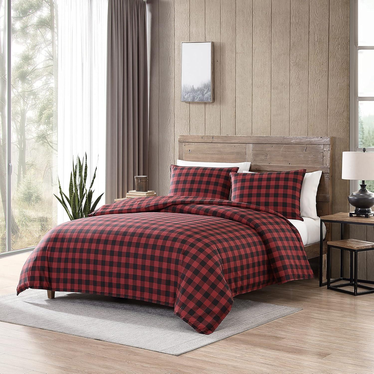 imageEddie Bauer Twin Comforter Set Microsuede Bedding with Soft Plush Faux Shearling Reverse 2 Piece Bed Set with Matching Pillowcase Big Lake Plaid GreenRedBlack