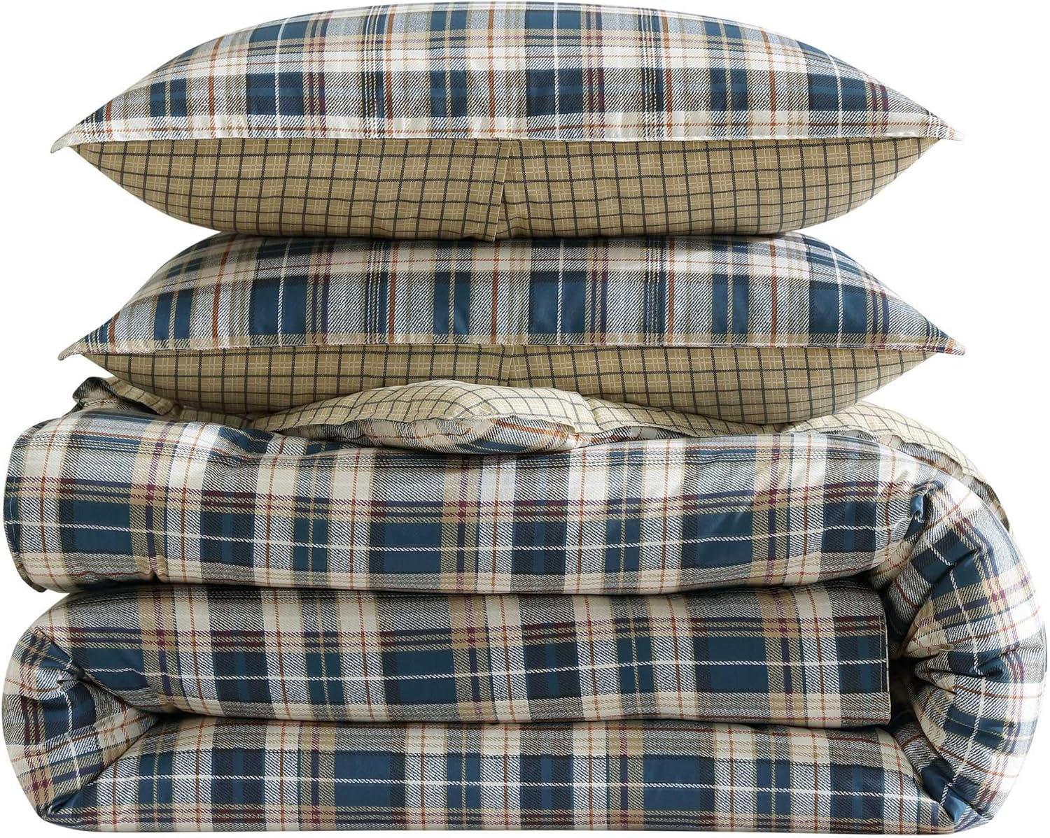 imageEddie Bauer Twin Comforter Set Microsuede Bedding with Soft Plush Faux Shearling Reverse 2 Piece Bed Set with Matching Pillowcase Big Lake Plaid GreenPort Gamble Indigo