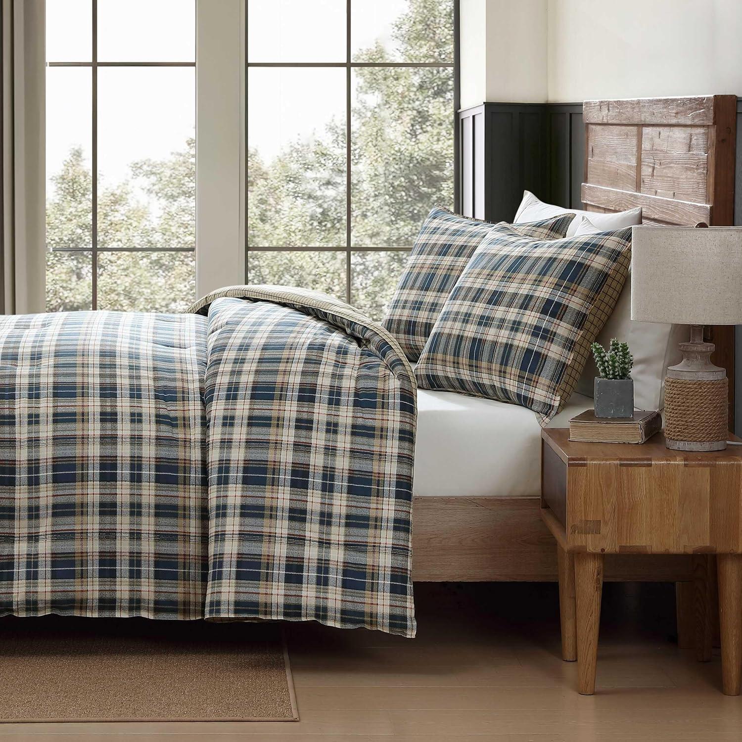 imageEddie Bauer Twin Comforter Set Microsuede Bedding with Soft Plush Faux Shearling Reverse 2 Piece Bed Set with Matching Pillowcase Big Lake Plaid GreenPort Gamble Indigo