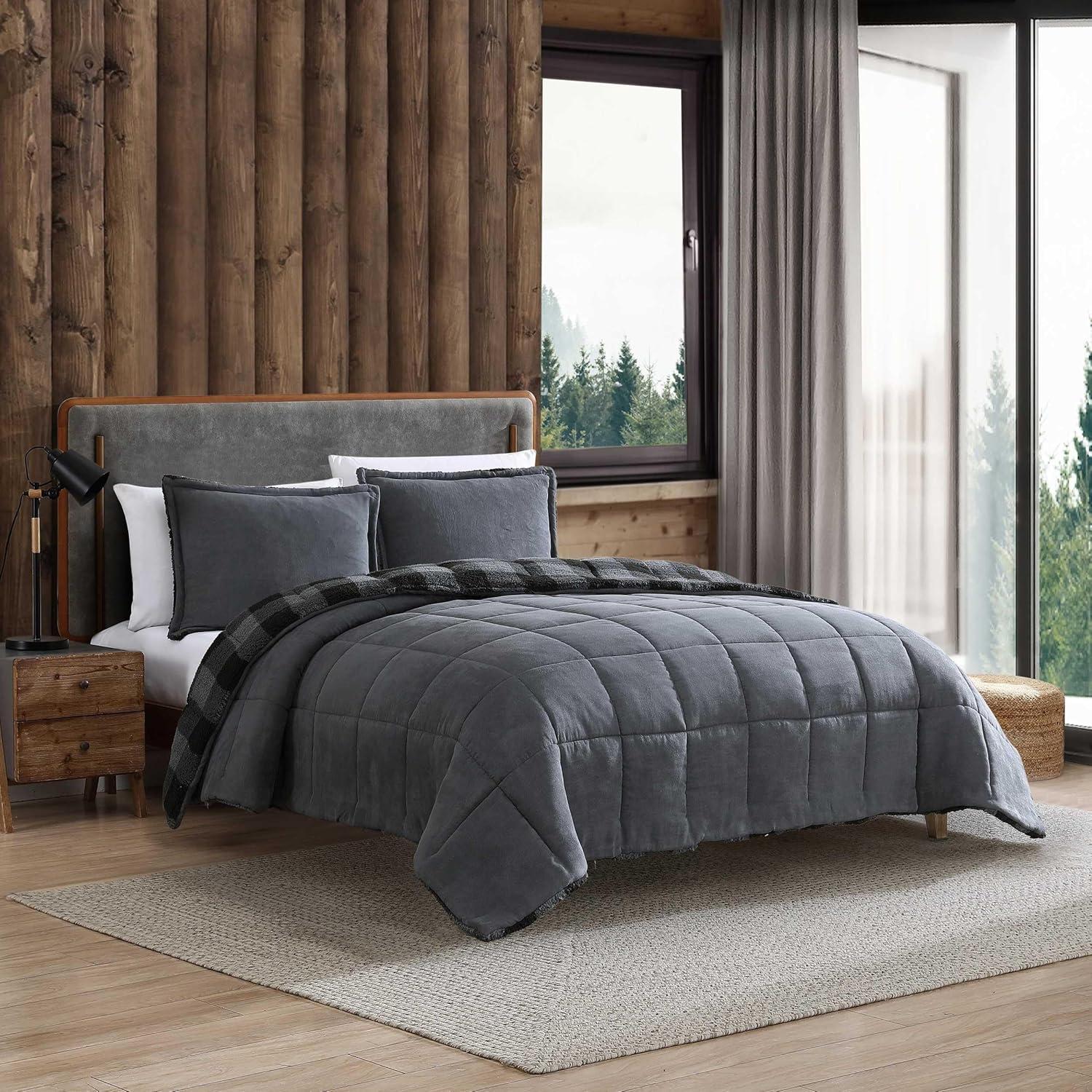 imageEddie Bauer Twin Comforter Set Microsuede Bedding with Soft Plush Faux Shearling Reverse 2 Piece Bed Set with Matching Pillowcase Big Lake Plaid GreenCabin Plaid Grey