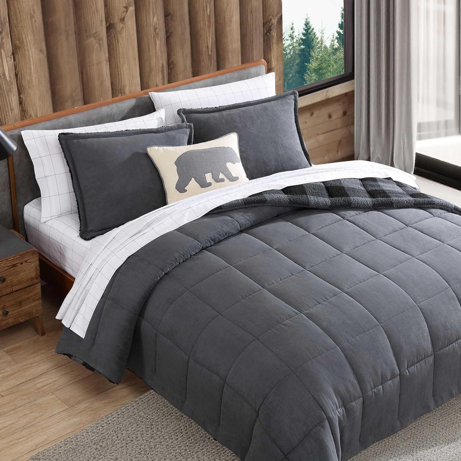 imageEddie Bauer Twin Comforter Set Microsuede Bedding with Soft Plush Faux Shearling Reverse 2 Piece Bed Set with Matching Pillowcase Big Lake Plaid GreenCabin Plaid Grey