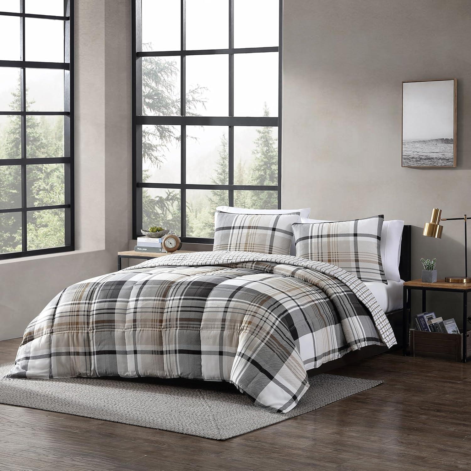 imageEddie Bauer Twin Comforter Set Microsuede Bedding with Soft Plush Faux Shearling Reverse 2 Piece Bed Set with Matching Pillowcase Big Lake Plaid GreenNormandy Plaid Grey