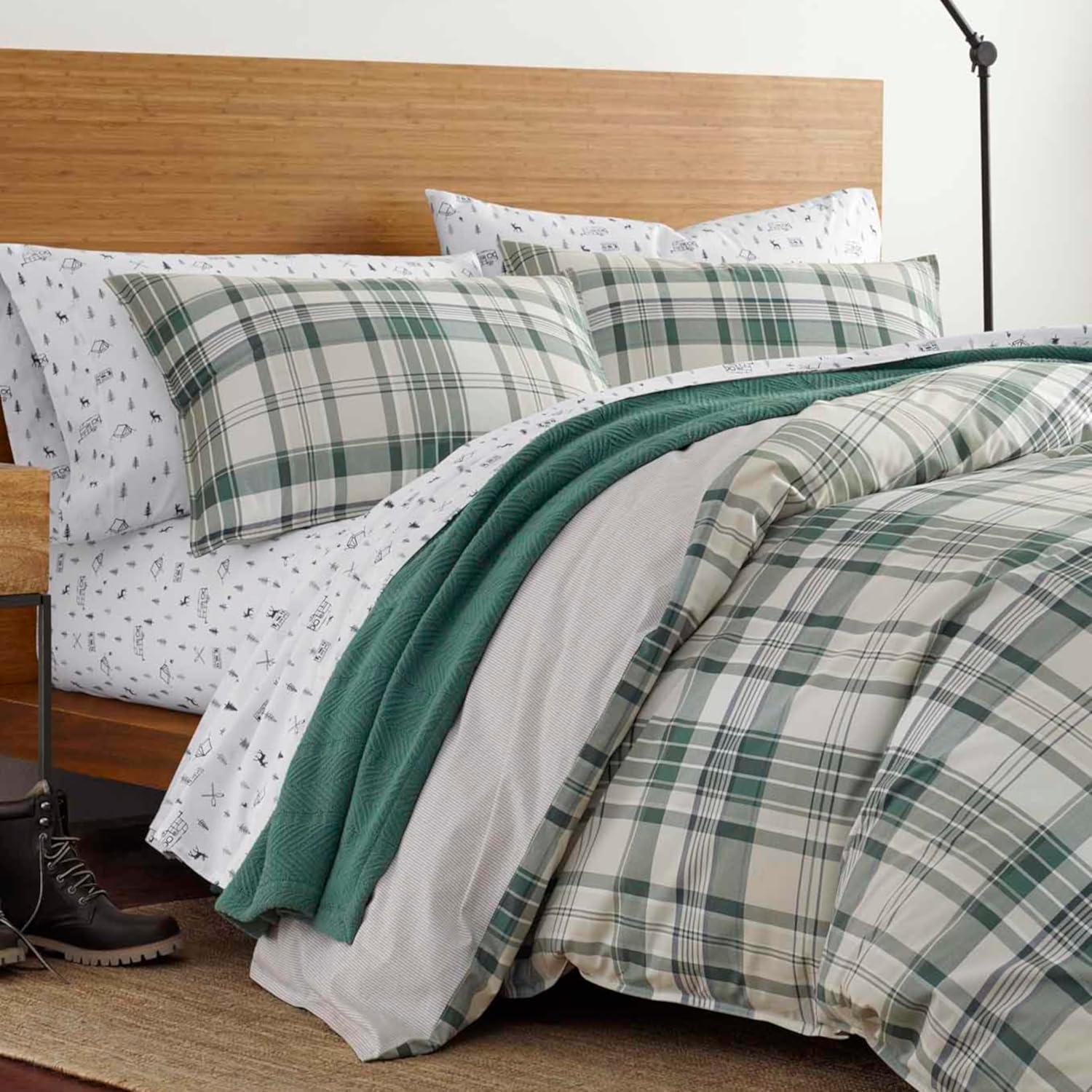 imageEddie Bauer Twin Comforter Set Microsuede Bedding with Soft Plush Faux Shearling Reverse 2 Piece Bed Set with Matching Pillowcase Big Lake Plaid GreenTimbers Plaid Green