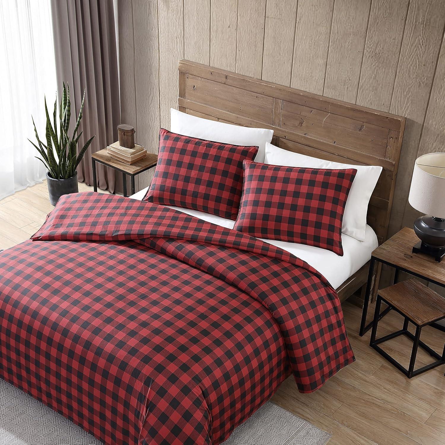 imageEddie Bauer Twin Comforter Set Microsuede Bedding with Soft Plush Faux Shearling Reverse 2 Piece Bed Set with Matching Pillowcase Big Lake Plaid GreenRedBlack