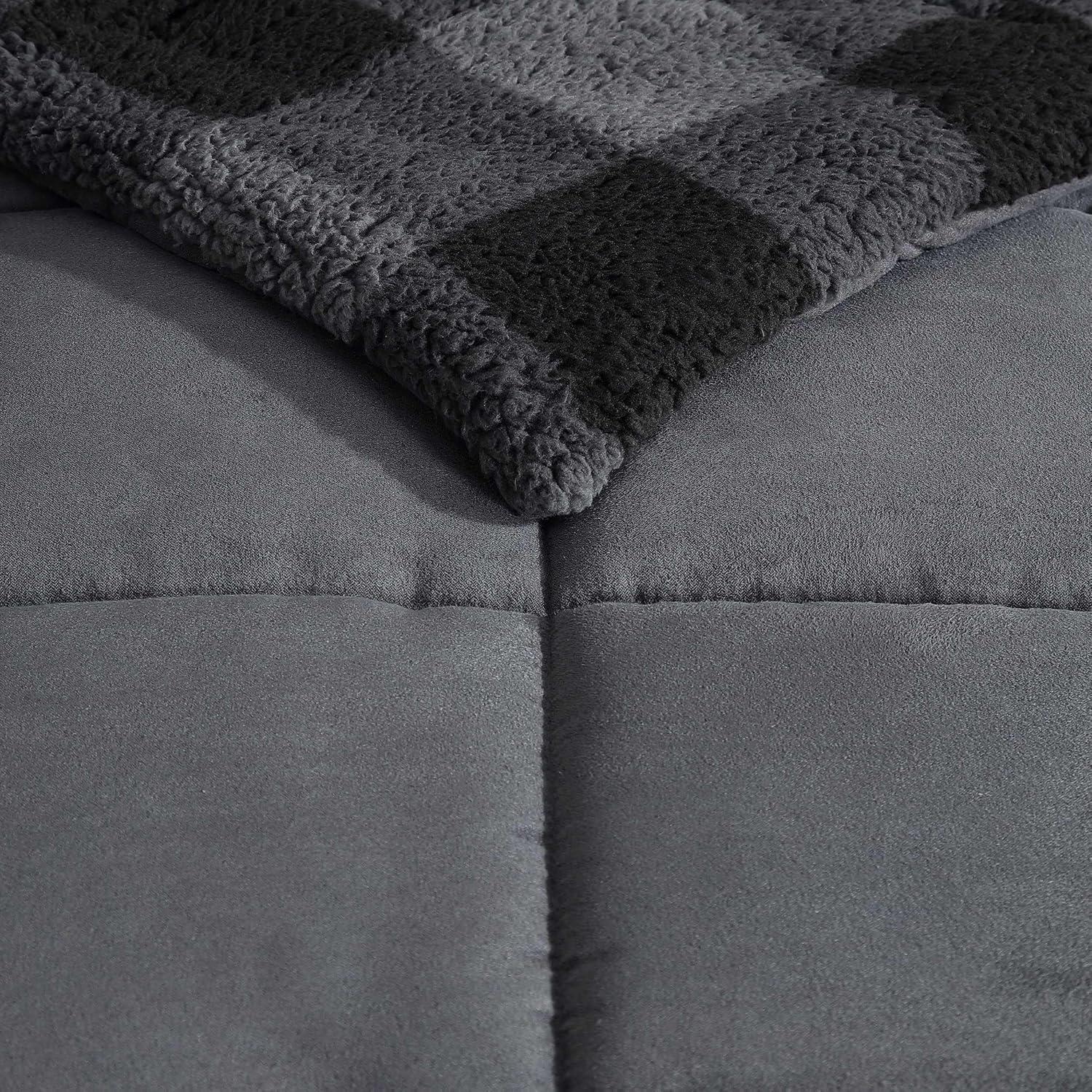 imageEddie Bauer Twin Comforter Set Microsuede Bedding with Soft Plush Faux Shearling Reverse 2 Piece Bed Set with Matching Pillowcase Big Lake Plaid GreenCabin Plaid Grey