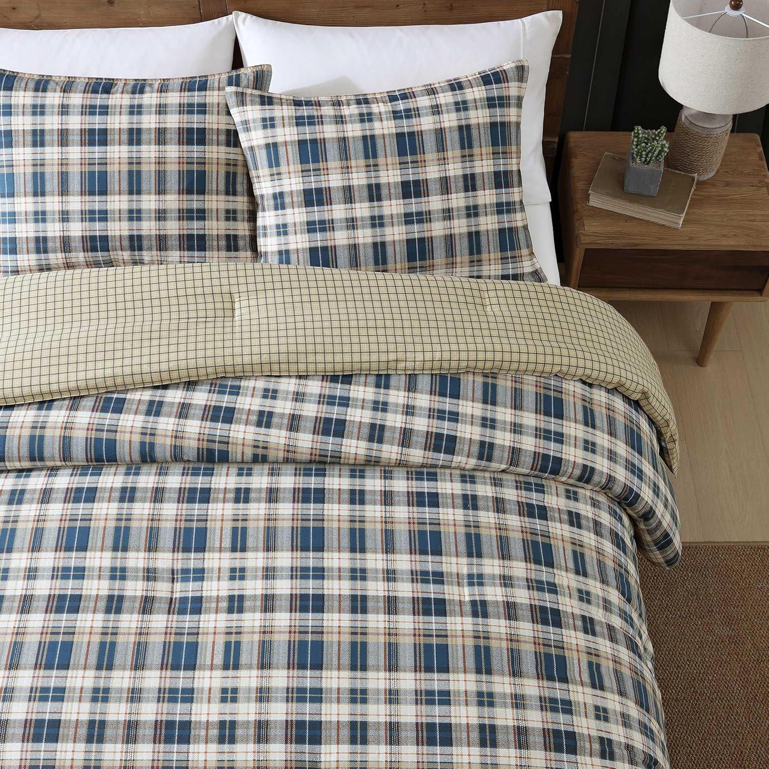 imageEddie Bauer Twin Comforter Set Microsuede Bedding with Soft Plush Faux Shearling Reverse 2 Piece Bed Set with Matching Pillowcase Big Lake Plaid GreenPort Gamble Indigo