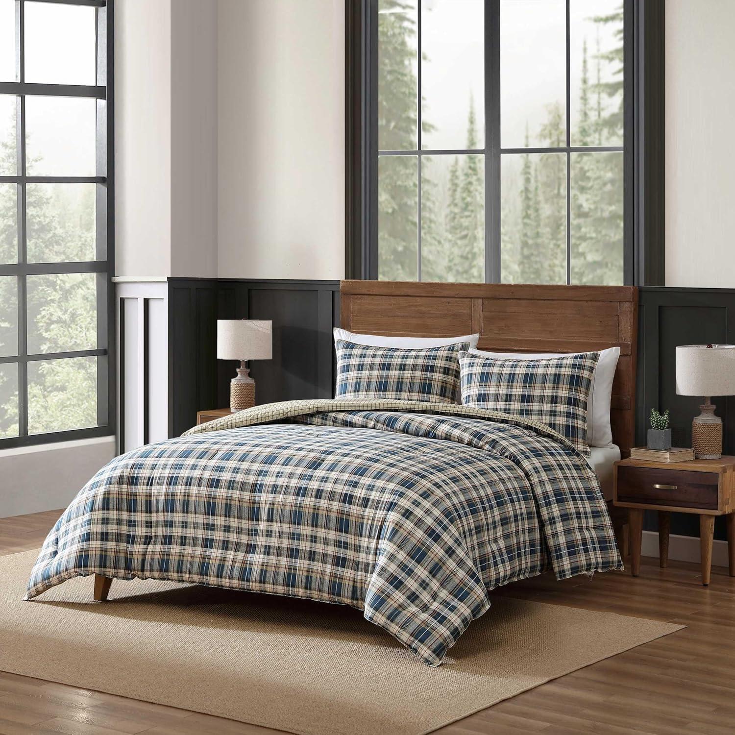imageEddie Bauer Twin Comforter Set Microsuede Bedding with Soft Plush Faux Shearling Reverse 2 Piece Bed Set with Matching Pillowcase Big Lake Plaid GreenPort Gamble Indigo