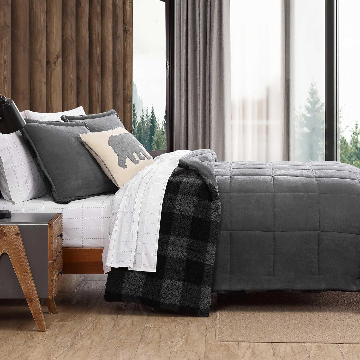 imageEddie Bauer Twin Comforter Set Microsuede Bedding with Soft Plush Faux Shearling Reverse 2 Piece Bed Set with Matching Pillowcase Big Lake Plaid GreenCabin Plaid Grey