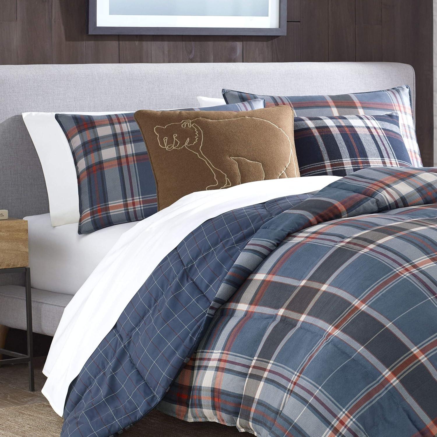 imageEddie Bauer Twin Comforter Set Microsuede Bedding with Soft Plush Faux Shearling Reverse 2 Piece Bed Set with Matching Pillowcase Big Lake Plaid GreenMedium Indigo